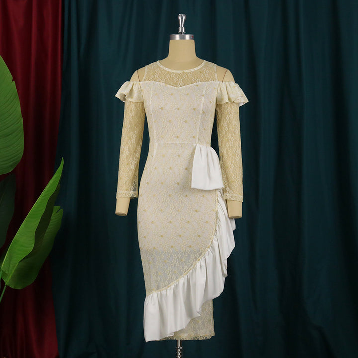 Women cold shoulder long sleeve sheer lace ruffle jacquard dress