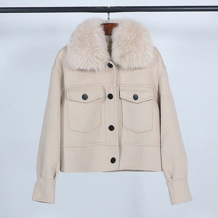 Wool blend womens winter jacket real fur collar pockets outwear