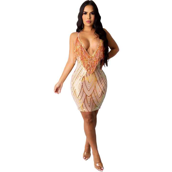 High quality womens sequined dress deep v neck bodycon tassel