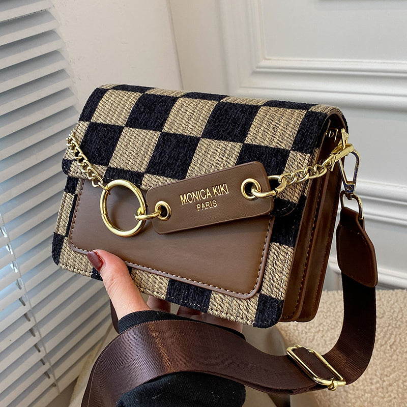 2022 Checkerboard Small Fabric PU Leather Flap Crossbody Bags for Women Fashion Handbags Lady Shoulder Bags