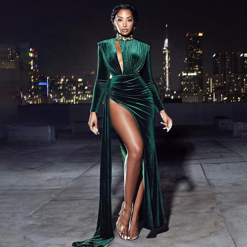 Long sash suede green cutout high slit velvet dress womens hep style