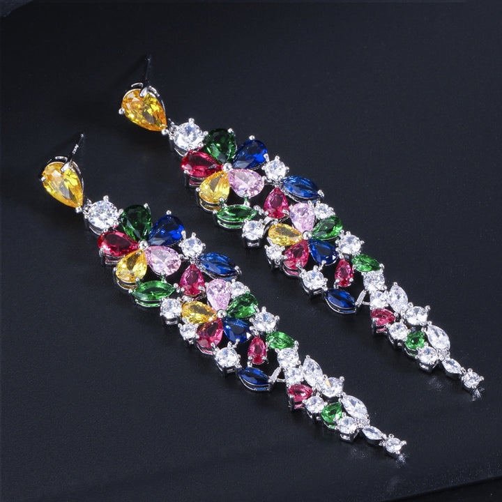 Multi colored flower cubic zirconia crystal 8 2 cm long earrings bridal jewelry