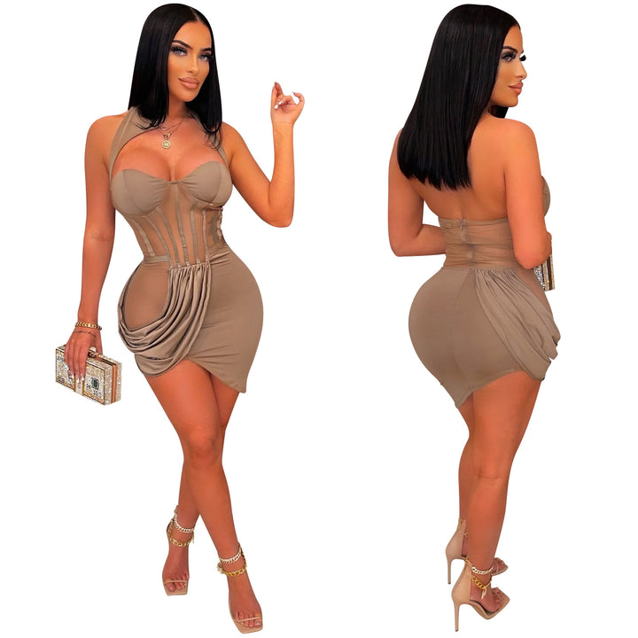 Lady irregular mini club party mesh see through dress clubwear