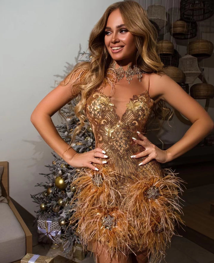 Womens dress spaghetti strap feathers embroidered rhinestone sequin mini