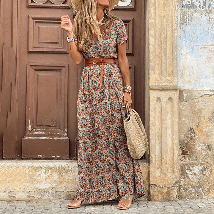 Womens long dress summer v neck boho belted maxi casual beach party