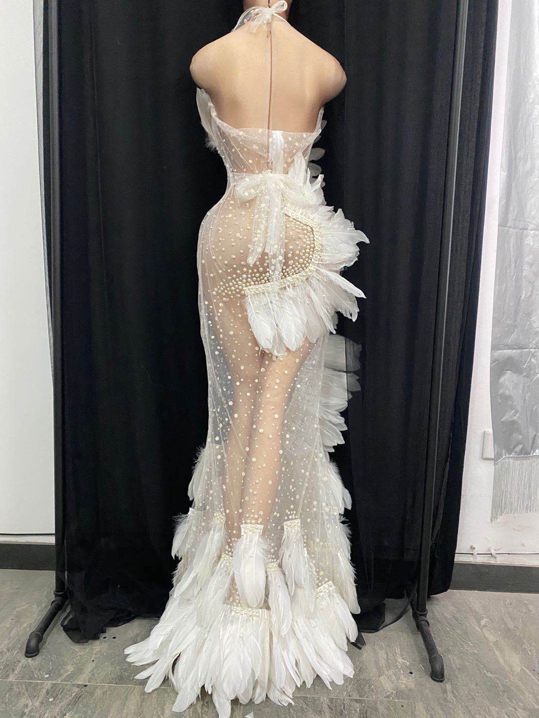 White feathers see through long women stage costume halter rhinestone