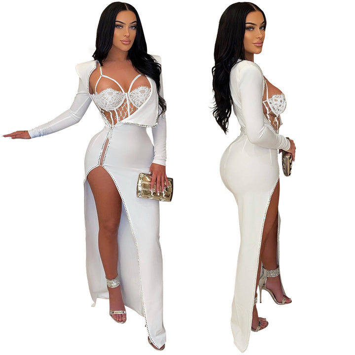 Trendy party wear lace bodysuit long sleeve womens prom dress 2 pc