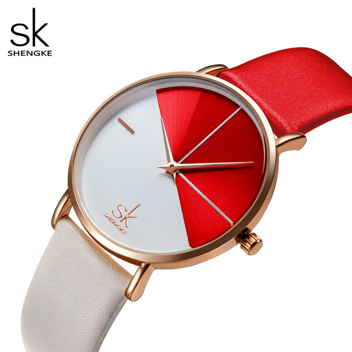 Fashion women dual color faux leather strap round dial analog quartz wrist watch