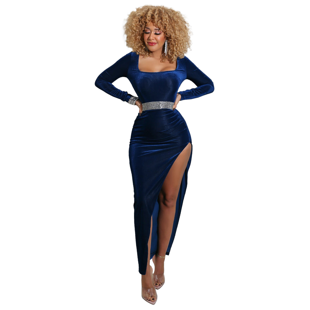 Womens dress solid color square neck high split golden velvet