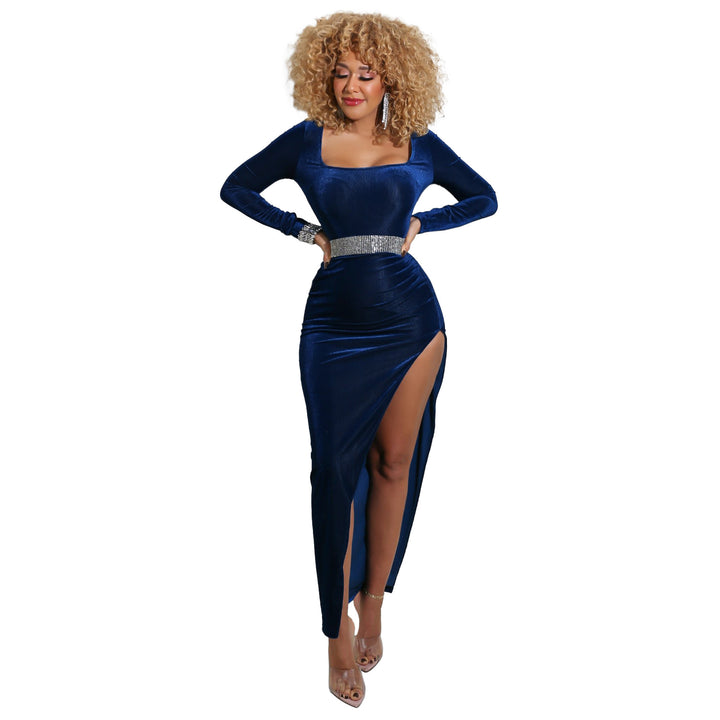 Womens dress solid color square neck high split golden velvet
