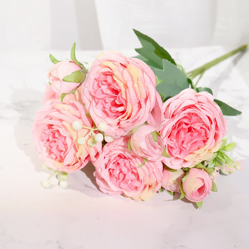 Pink silk peony artificial flowers rose wedding home decor big bouquet