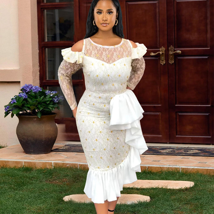 Women cold shoulder long sleeve sheer lace ruffle jacquard dress