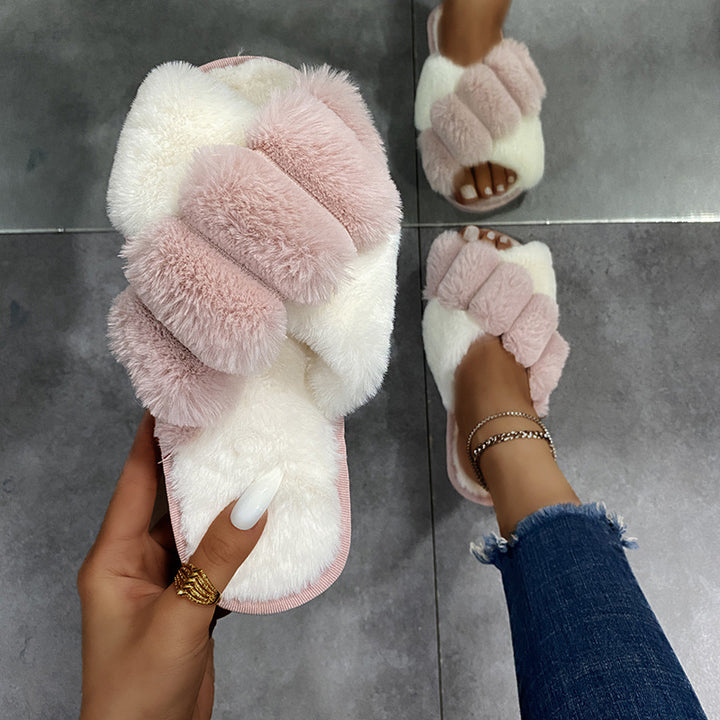 Winter women furry slippers soft plush cross faux fur shoes indoor platforms