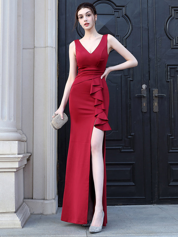 Slim fit satin evening v neck slit women party dress