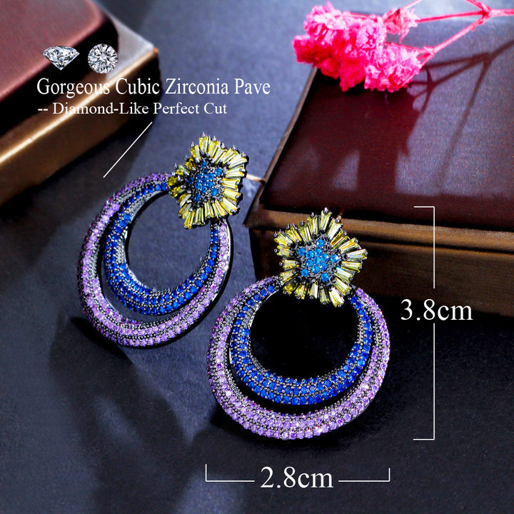 Double round drop micro inlay blue purple cubic zircon crystal earring jewelry