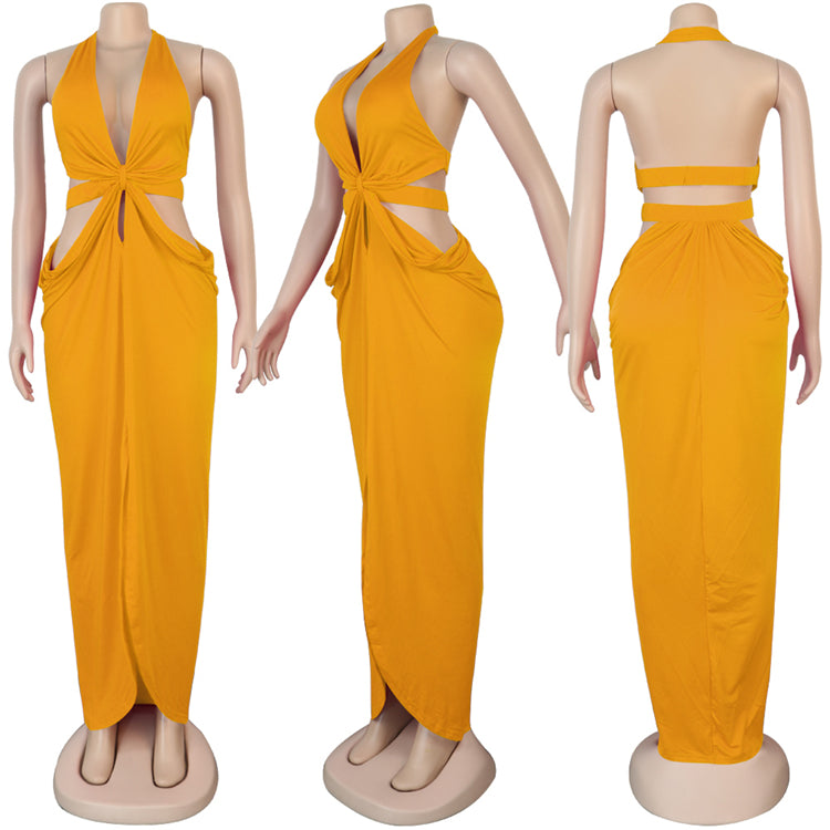 Deep cut backless split party wear women maxi slip dress summer clothing