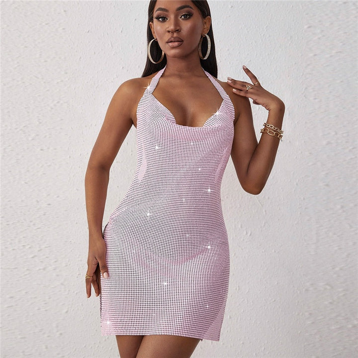 Crystal metal halter shining womens mini dress beach sequin