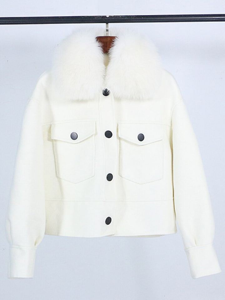 Wool blend womens winter jacket real fur collar pockets outwear