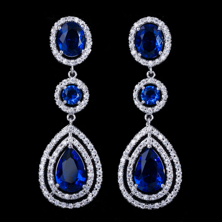 American big cubic zirconia stone pave long royal blue bridal Jewelry earrings