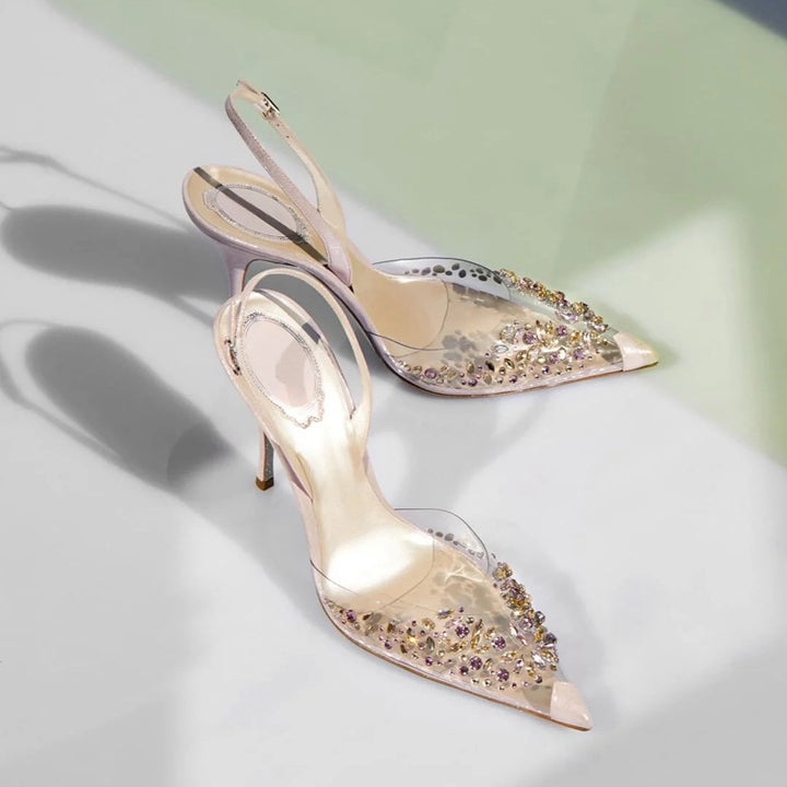 Rhinestone transparent heels pvc upper crystal slingback shoes pointed toe pumps