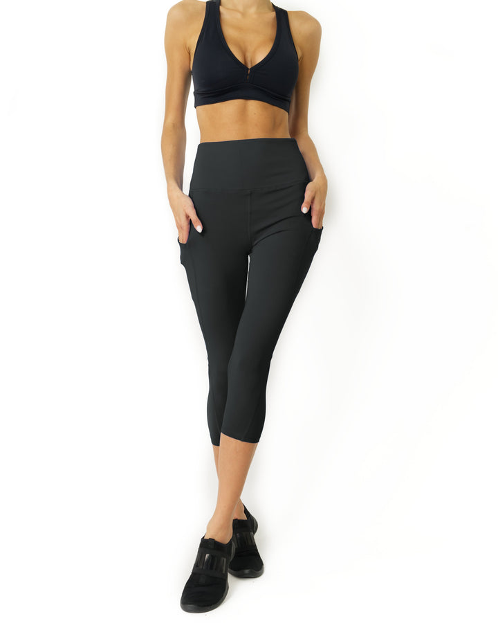 High Waisted Yoga Capri Leggings - Slate Grey