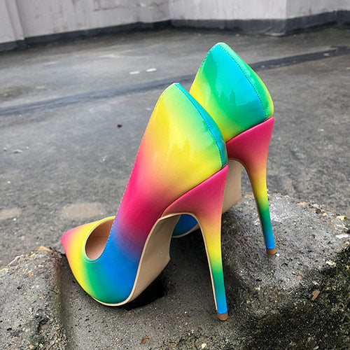 Veowalk Rainbow Colorful Patent Leather Women Sexy Stiletto Extemely High Heels, Fashion Pointed Toe Pumps Party Shoes