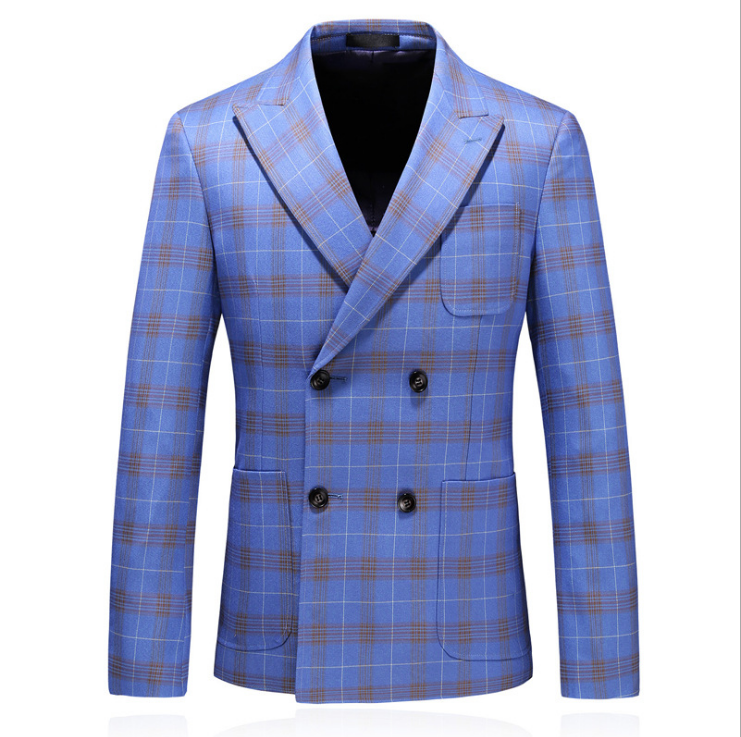 Double Breasted Plaid Suit for Men Light Blue Mens Suits 2021 Slim Fit Masculino Groom Wedding Suit Man