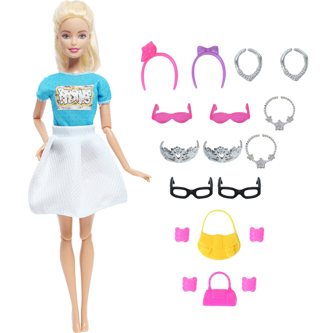 14 Pcs / Lot = 1x Fairy Tale Doll Dress + 13x Random Accessories Shoes Handbag Glasses Clothes for Barbie Doll Baby Girl Toys