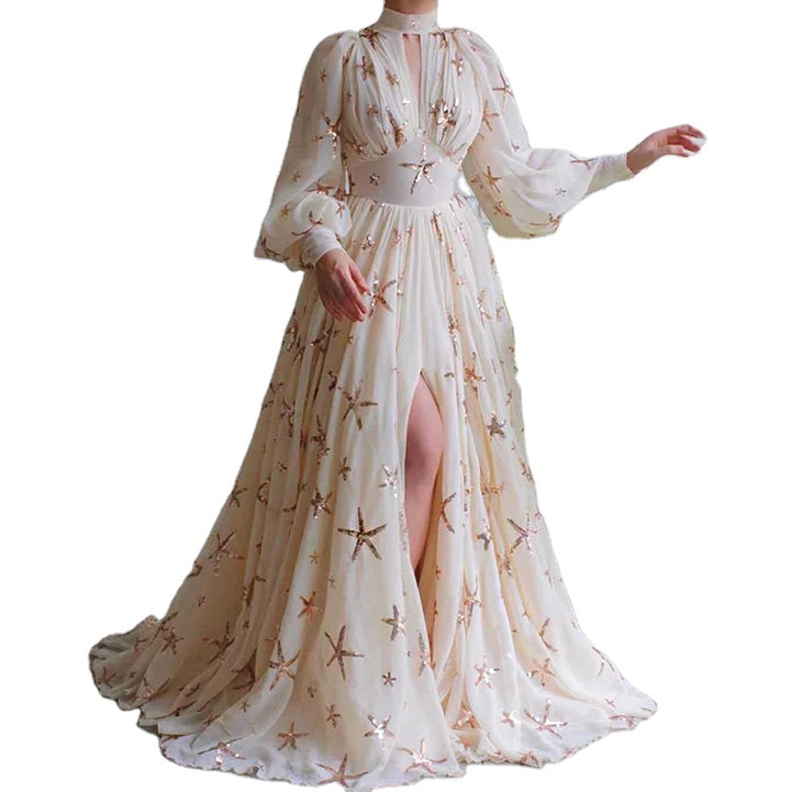 Womens turtleneck tulle party dress high slit sequined maxi long sleeve