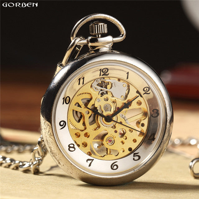 Silver tansparent mechanical unisex fob chain hand winding full steel pocket watch