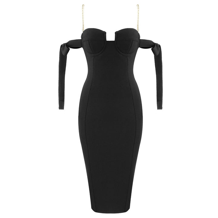 Womens black off shoulder pearl strap low cut dress midi