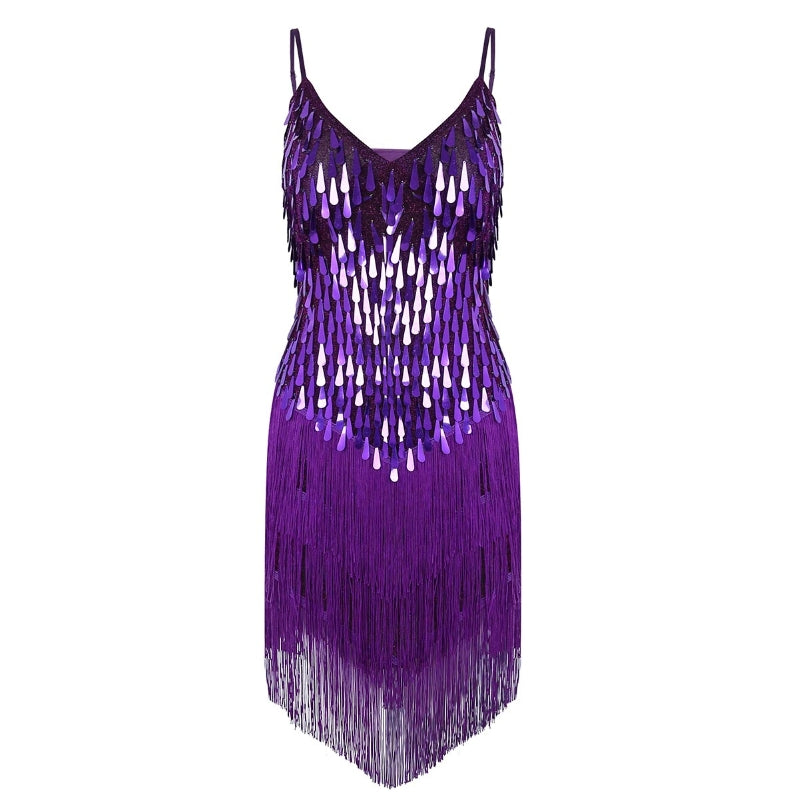 Women spaghetti straps sparkling sequins fringe dance party dress gowns