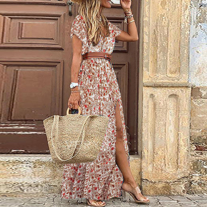 Womens long dress summer v neck boho belted maxi casual beach party