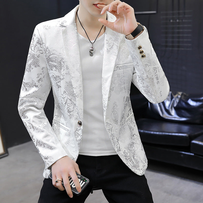 Men Blazer Suit Printed Slim Lapel Collar Casual Mens Suit Thin Jacket Youth Costumes