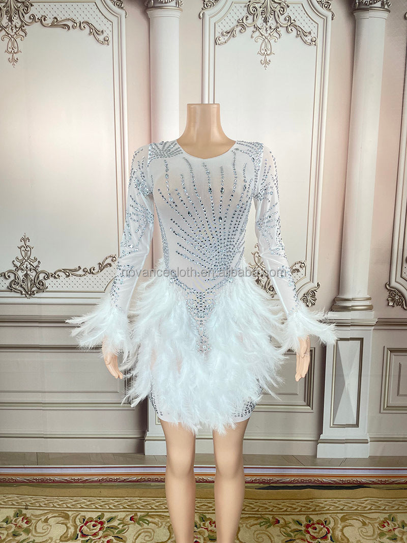 White feather embellished shiny crystal sequined elegant mini prom gowns