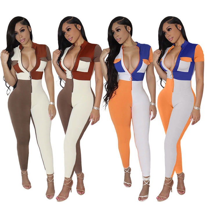 Fashion colored patchwork womens rompers jumpsuit