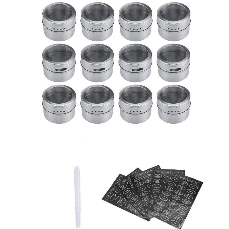 Magnetic spice jars set with spice labels and chalkboard pen stainless steel