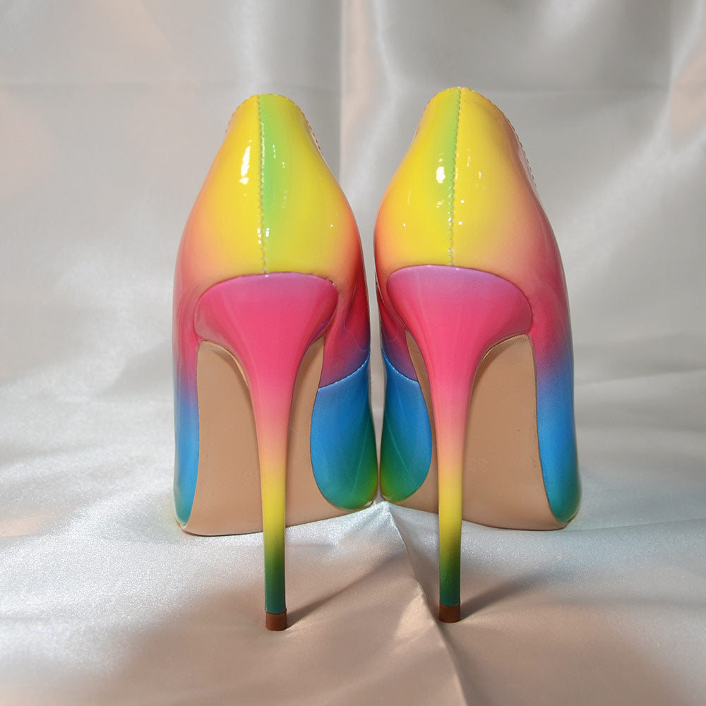 Veowalk Rainbow Colorful Patent Leather Women Sexy Stiletto Extemely High Heels, Fashion Pointed Toe Pumps Party Shoes