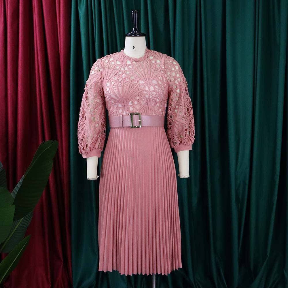 2022 summer puff sleeve lace pleated office lady dresses with belt