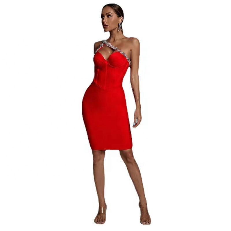 Womnes one shoulder collar rhinestone bodycon evening dresses