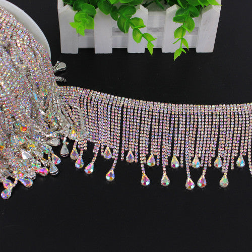 1 Yard Handmade Silver Sewing Tassel Fringe DIY Sew on Trimming Bridal Crystal Clear Rhinestone Patch Appliques for Bridal Dress