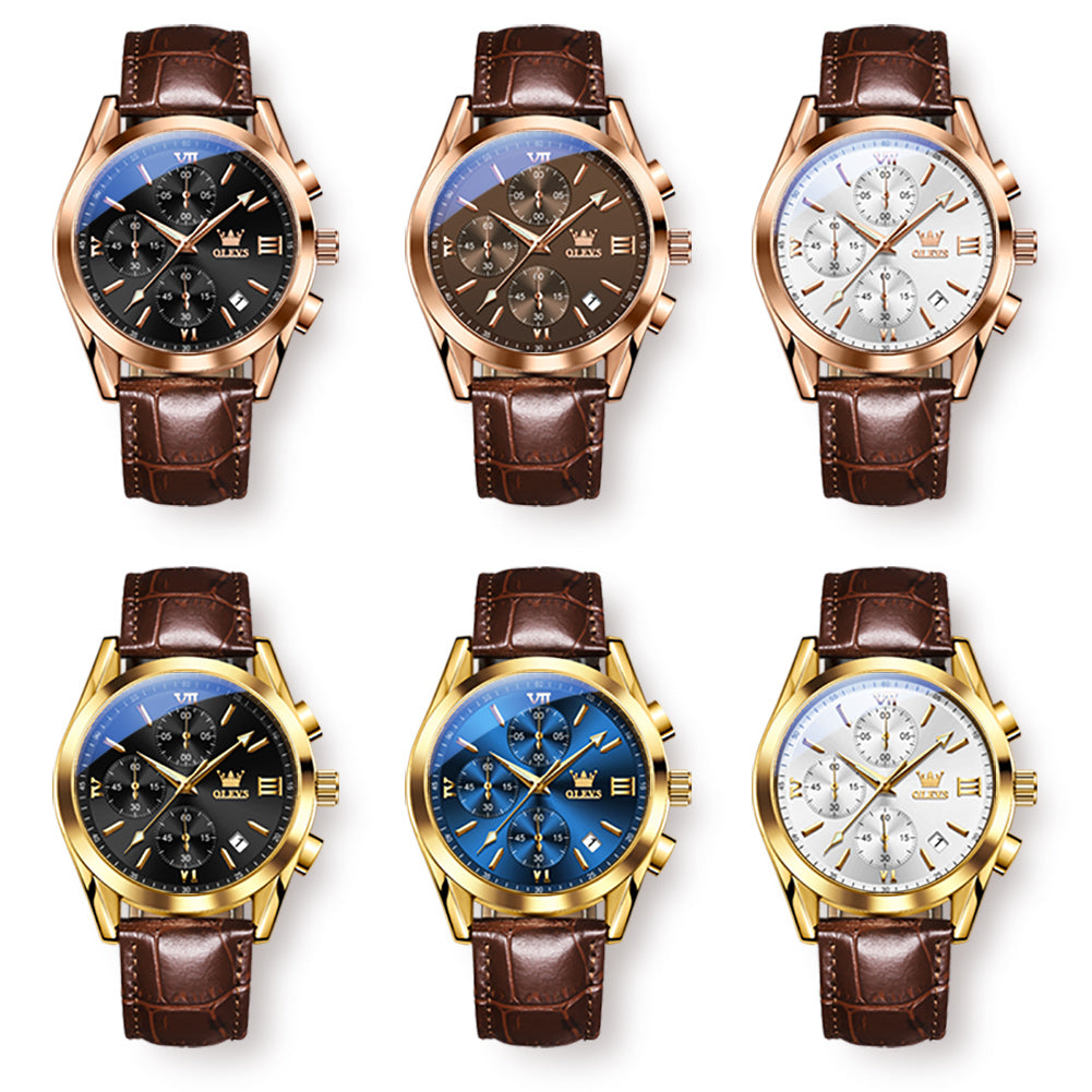 Blu ray glass three eye belt quartz mens watch