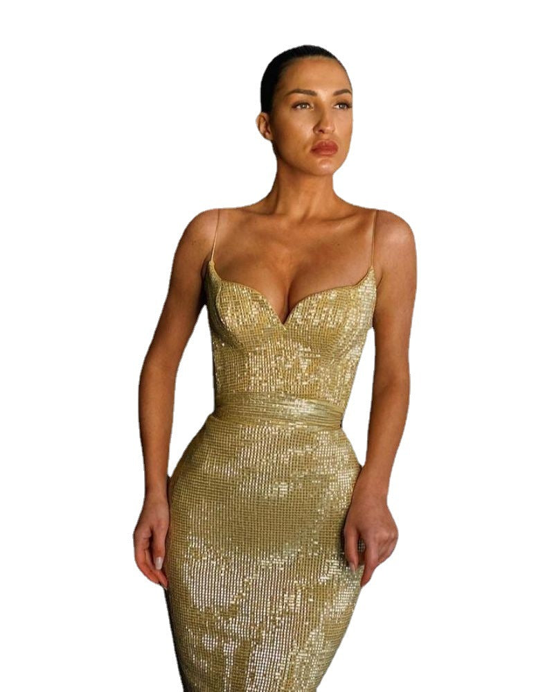 High quality womens sequined hip trailing banquet evening dress