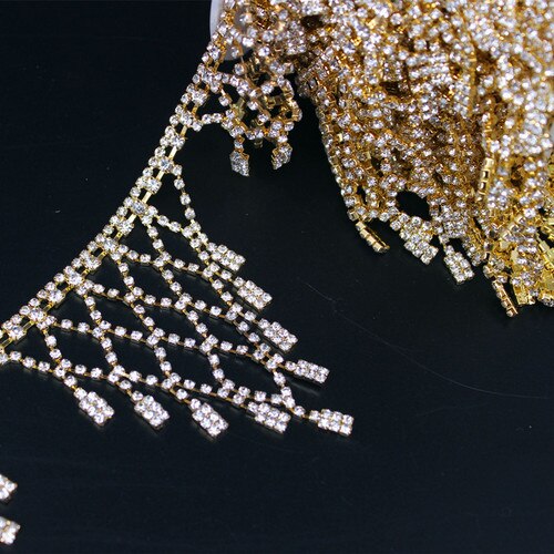 1 Yard Handmade Silver Sewing Tassel Fringe DIY Sew on Trimming Bridal Crystal Clear Rhinestone Patch Appliques for Bridal Dress