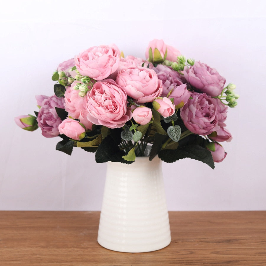 Rose pink silk bouquet peony artificial flowers 5 big heads 4 small bud bride wedding décor