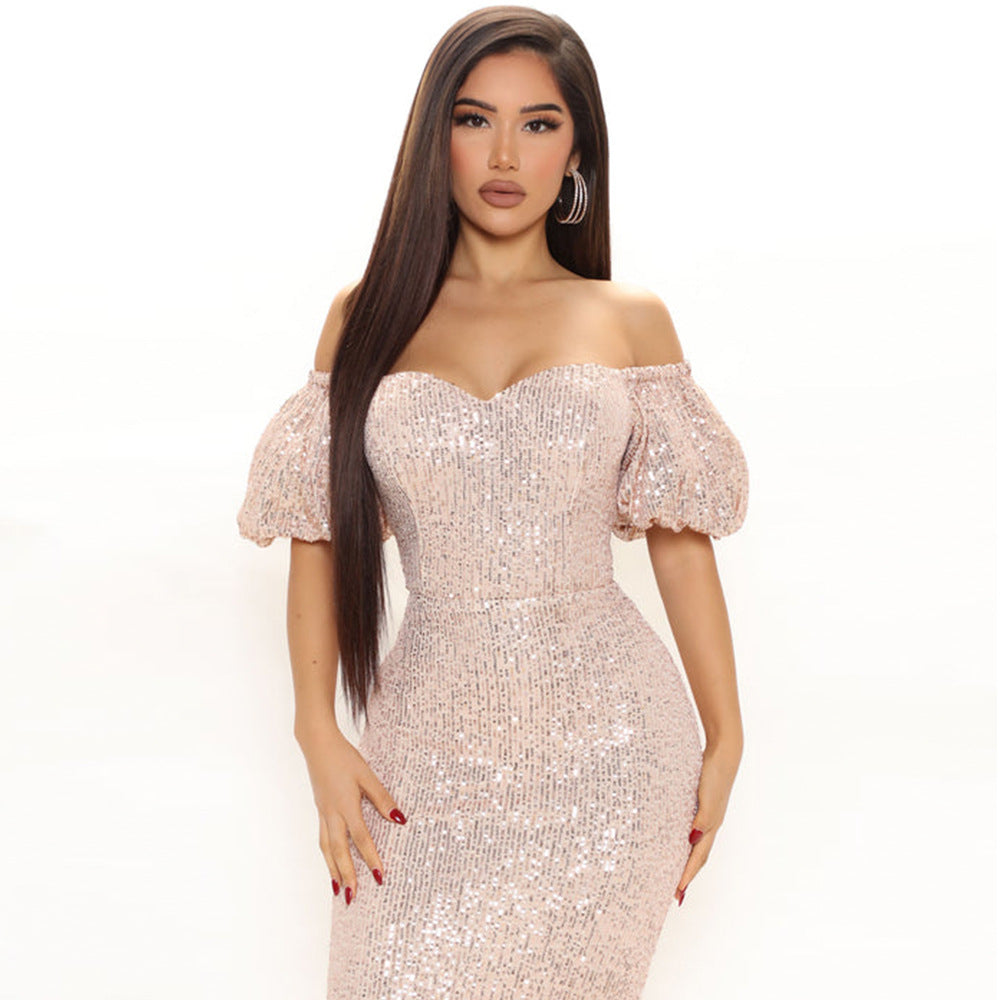 Celebrity evening fashion women dress luxurious slash neck sequins glitter mini