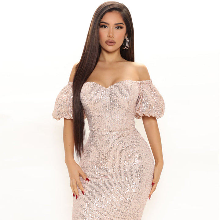 Celebrity evening fashion women dress luxurious slash neck sequins glitter mini