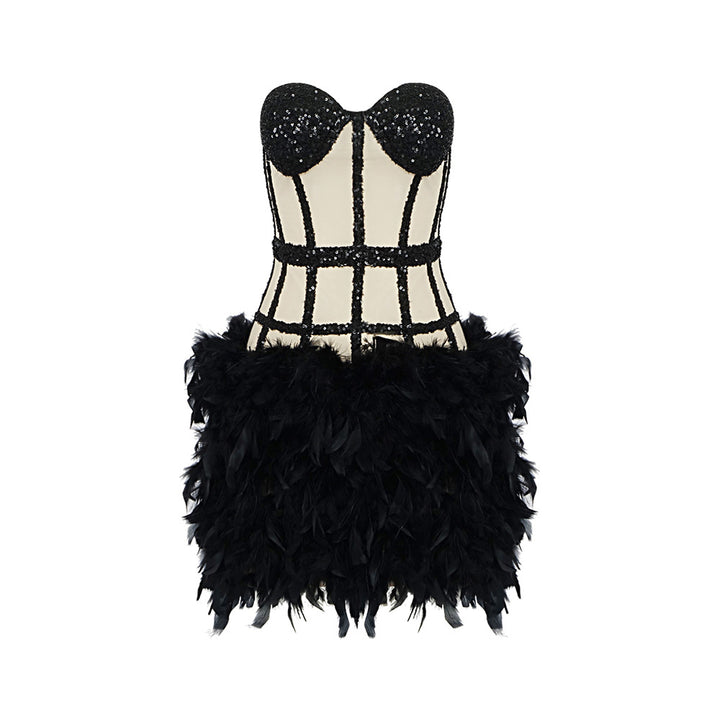 Womens blacksequin and feather fashion mini sequin dress