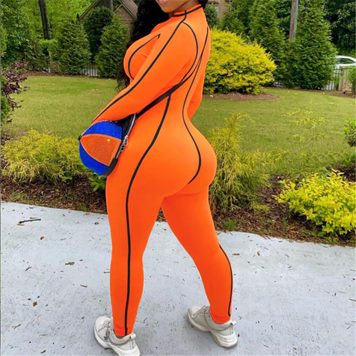 Womens zipper bodycon flatlock seam workout gym jumpsuit long sleeve legging