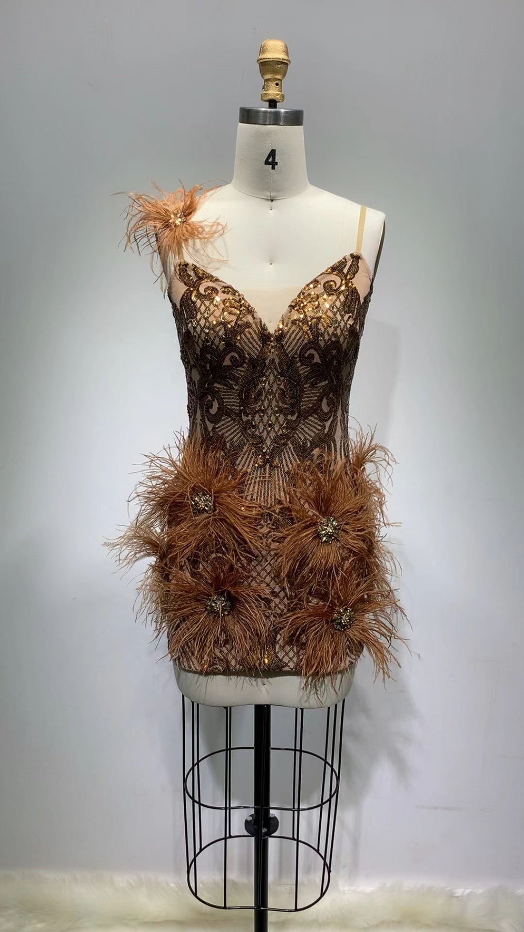 Womens dress spaghetti strap feathers embroidered rhinestone sequin mini